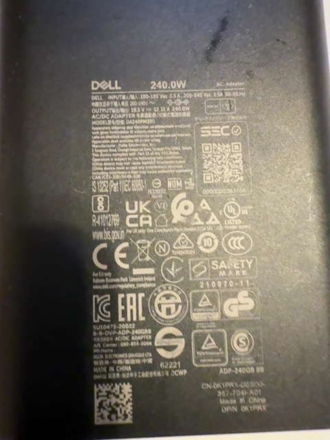 Genuine Dell DA240PM200 240W GaN AC Adapter Charger 19.5V 12.3A — actual PRF item photo 2 of 2