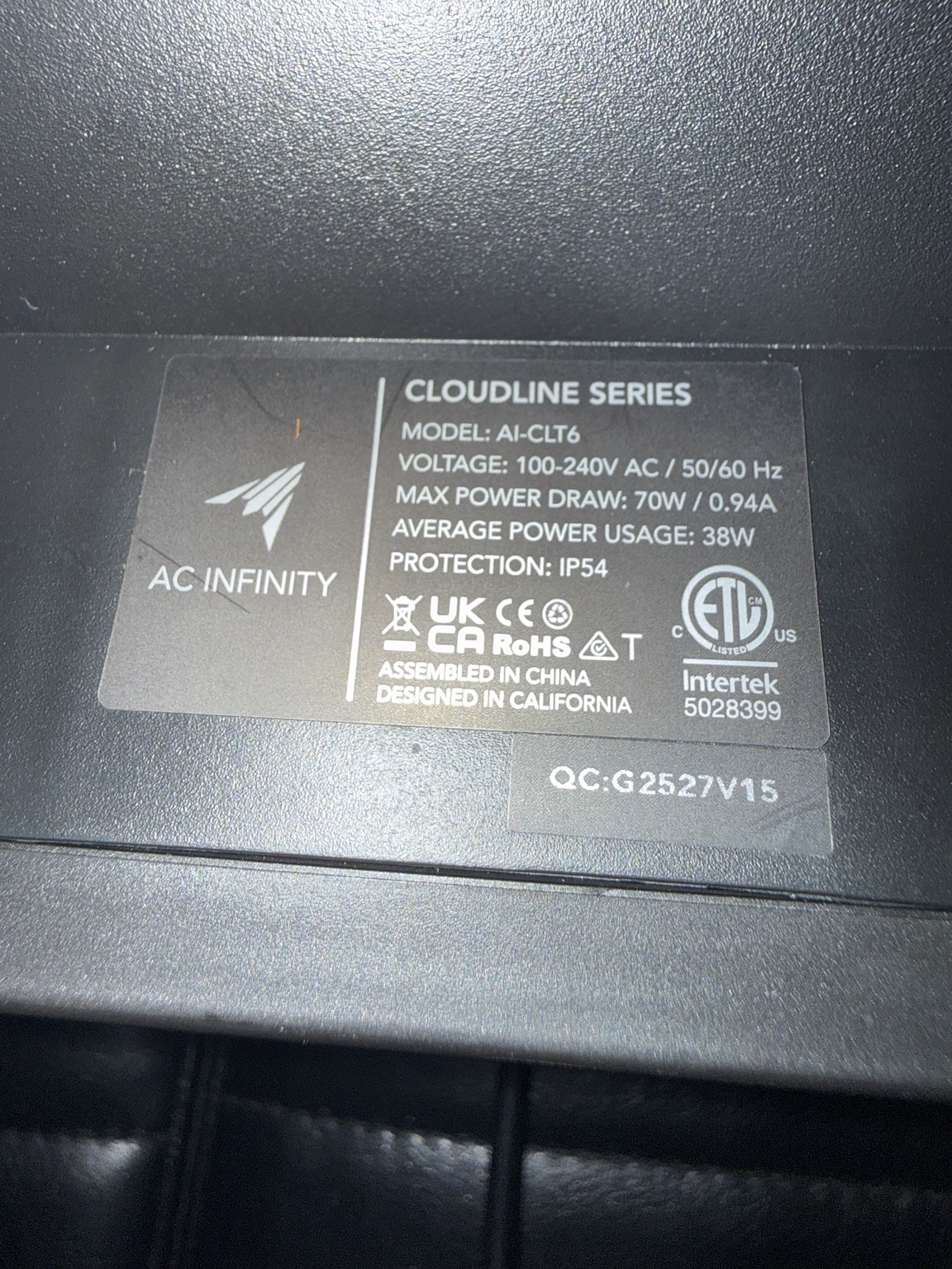 AC Infinity CLOUDLINE T6 AI-CLT6 6-Inch Inline Duct Fan Tested Working — actual PRF item photo 3 of 3