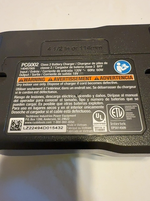 RYOBI PCG002 18V Charger — actual PRF item photo 3 of 3