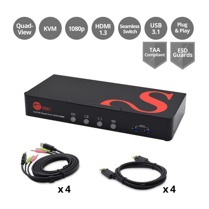 SIIG 4-Port Full HD Quad-View HDMI KVM Switch CE-KV0A11-S1 USB 3.0 Audio — promotional product image